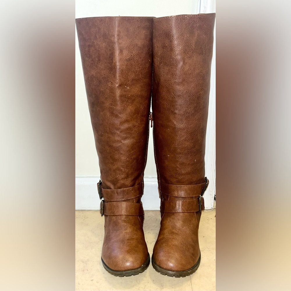 Brown Faux Leather Knee High Boots
